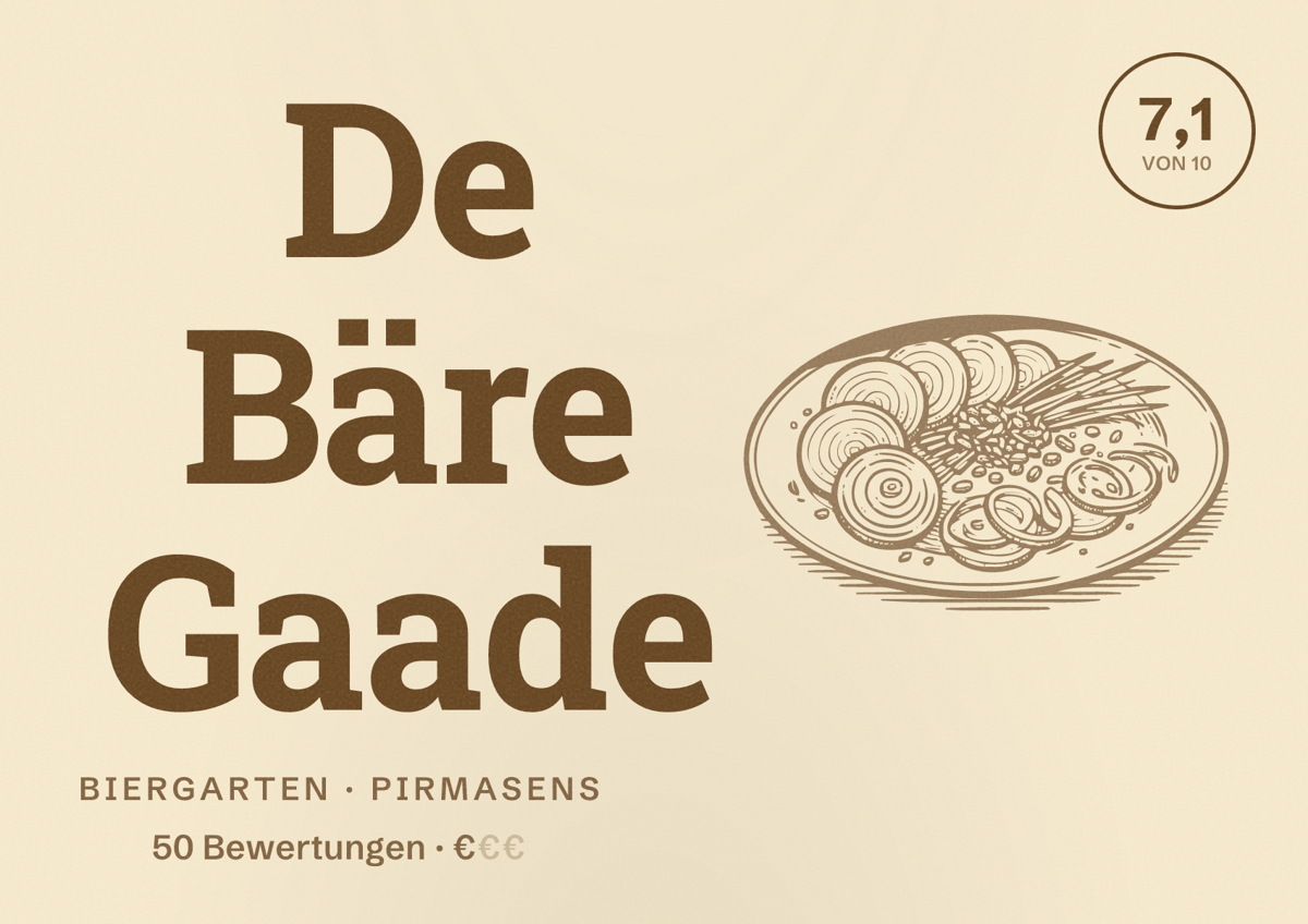 Illustriertes Poster von De Bäre Gaade, Biergarten in Pirmasens: Bewertung 7,1 von 10 aus 50 Bewertungen, Preisniveau €