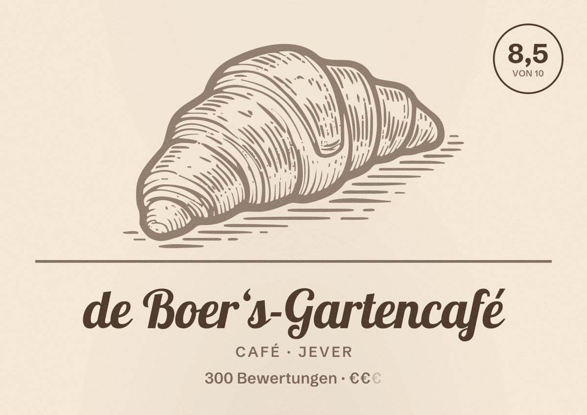 Illustriertes Poster von de Boer‘s-Gartencafé, Café in Jever: Bewertung 8,5 von 10 aus 300 Bewertungen, Preisniveau €€