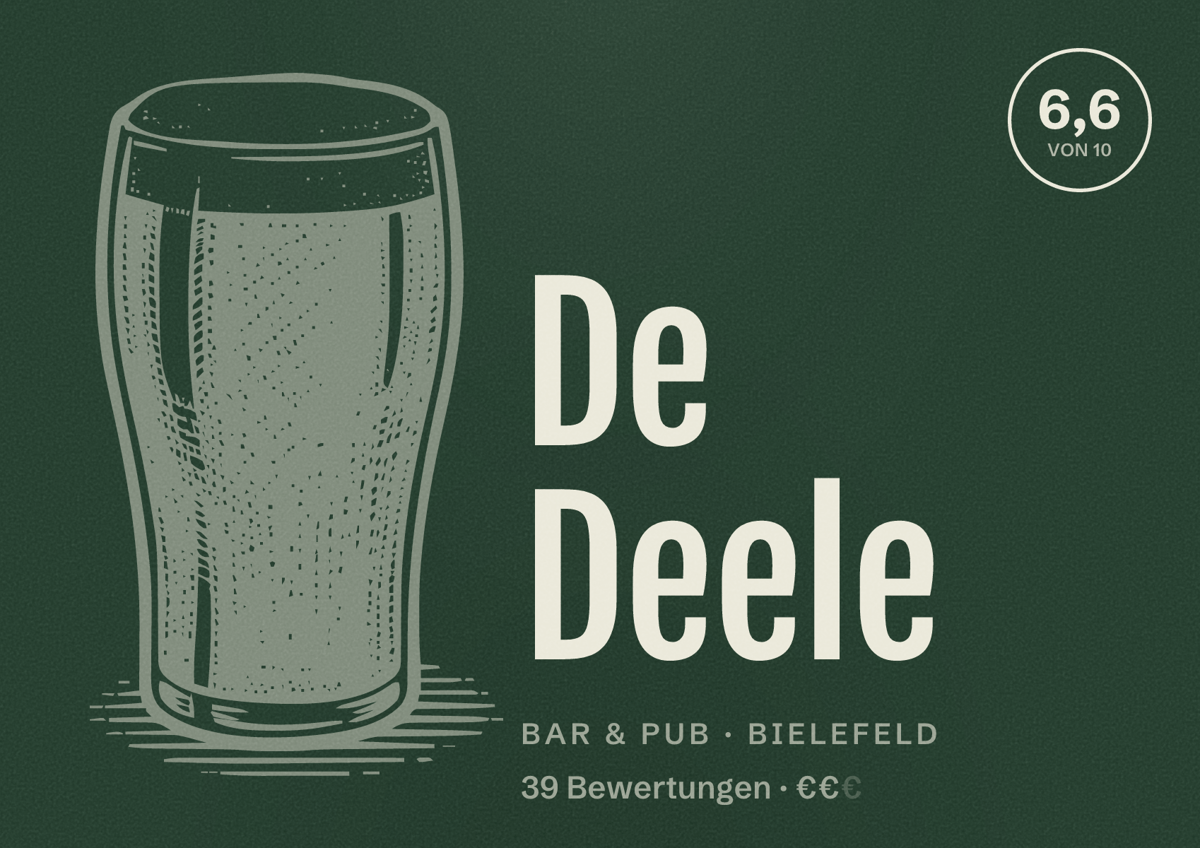 Illustriertes Poster von De Deele, Bar & Pub in Bielefeld: Bewertung 6,6 von 10 aus 39 Bewertungen, Preisniveau €€
