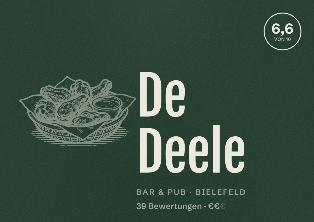 Illustriertes Poster von De Deele, Bar & Pub in Bielefeld: Bewertung 6,6 von 10 aus 39 Bewertungen, Preisniveau €€