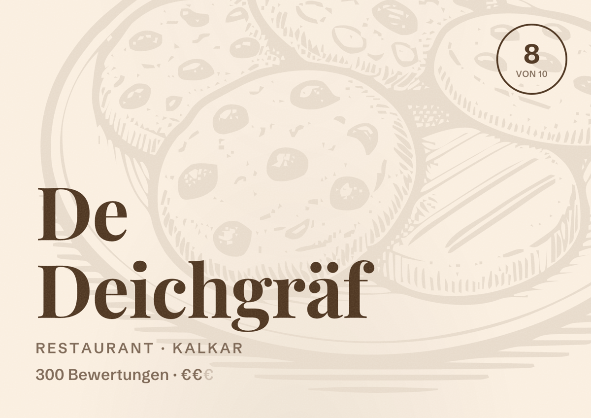 Illustriertes Poster von De Deichgräf, Restaurant in Kalkar: Bewertung 8 von 10 aus 300 Bewertungen, Preisniveau €€