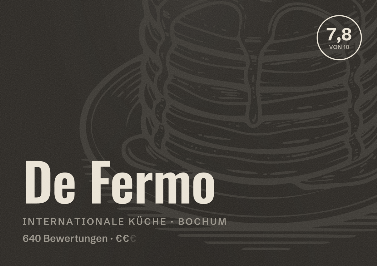 Illustriertes Poster von De Fermo, Internationale Küche in Bochum: Bewertung 7,8 von 10 aus 640 Bewertungen, Preisniveau €€