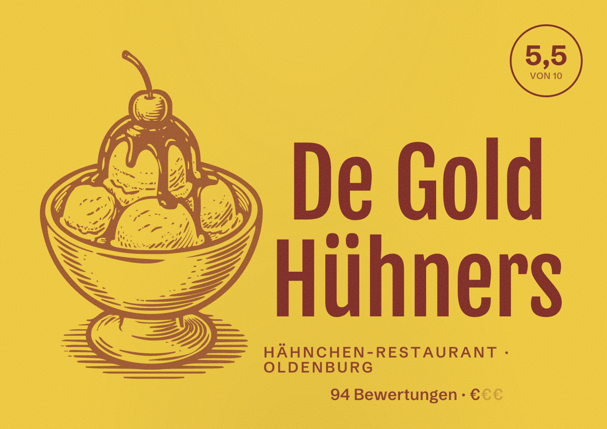 Illustriertes Poster von De Gold Hühners, Hähnchen-Restaurant in Oldenburg: Bewertung 5,5 von 10 aus 94 Bewertungen, Preisniveau €