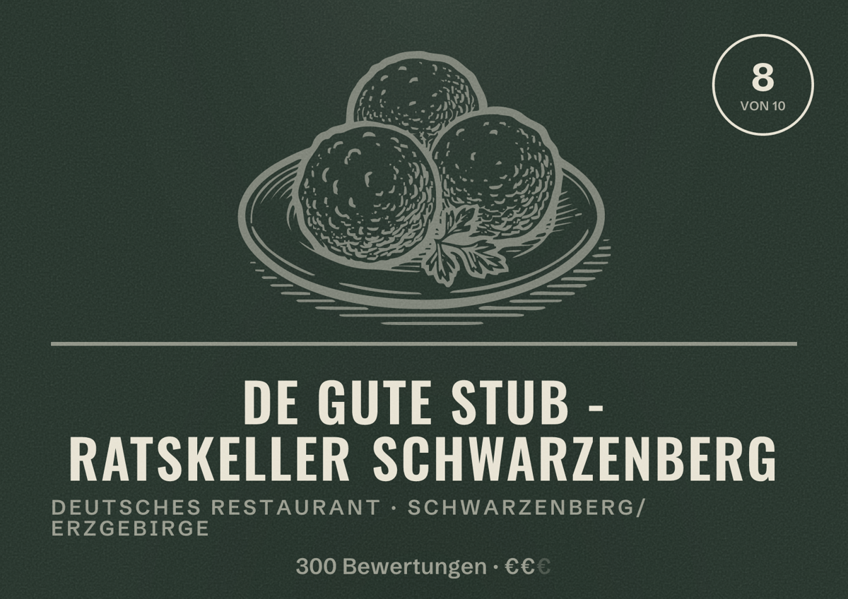 Illustriertes Poster von De gute Stub - Ratskeller Schwarzenberg, Deutsches Restaurant in Schwarzenberg/Erzgebirge: Bewertung 8 von 10 aus 300 Bewertungen, Preisniveau €€