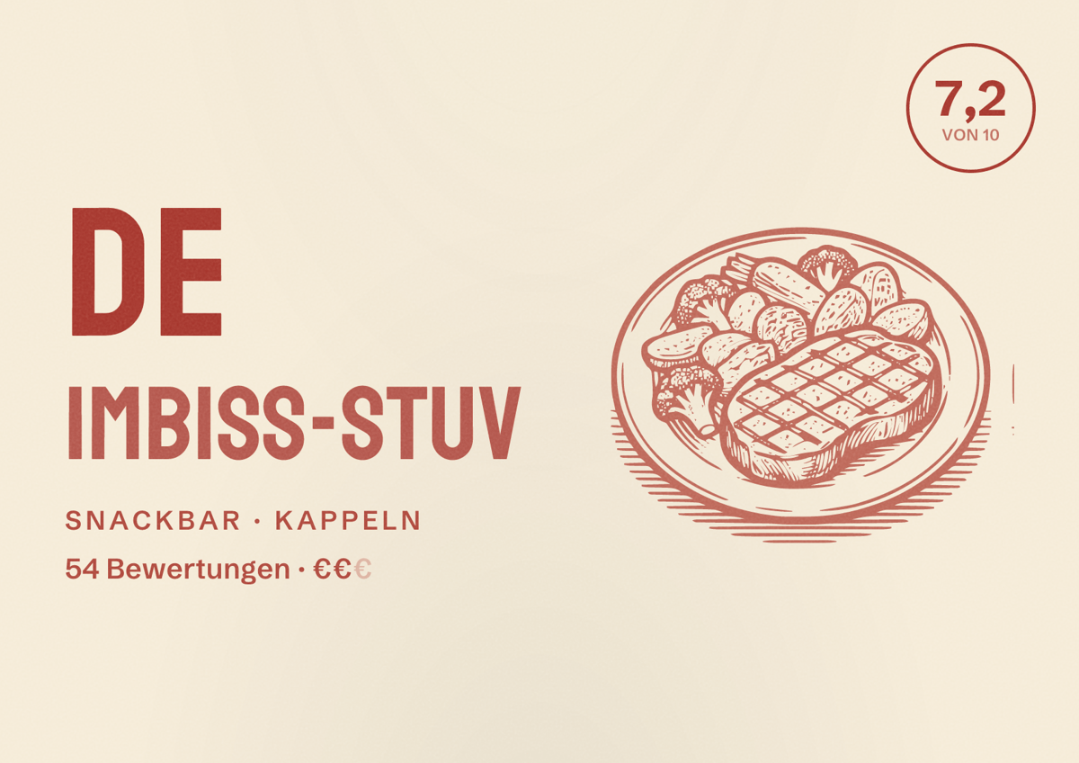 Illustriertes Poster von DE Imbiss-Stuv, Snackbar in Kappeln: Bewertung 7,2 von 10 aus 54 Bewertungen, Preisniveau €€