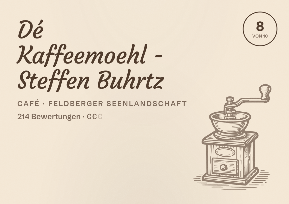 Illustriertes Poster von Dé Kaffeemoehl - Steffen Buhrtz, Café in Feldberger Seenlandschaft: Bewertung 8 von 10 aus 214 Bewertungen, Preisniveau €€