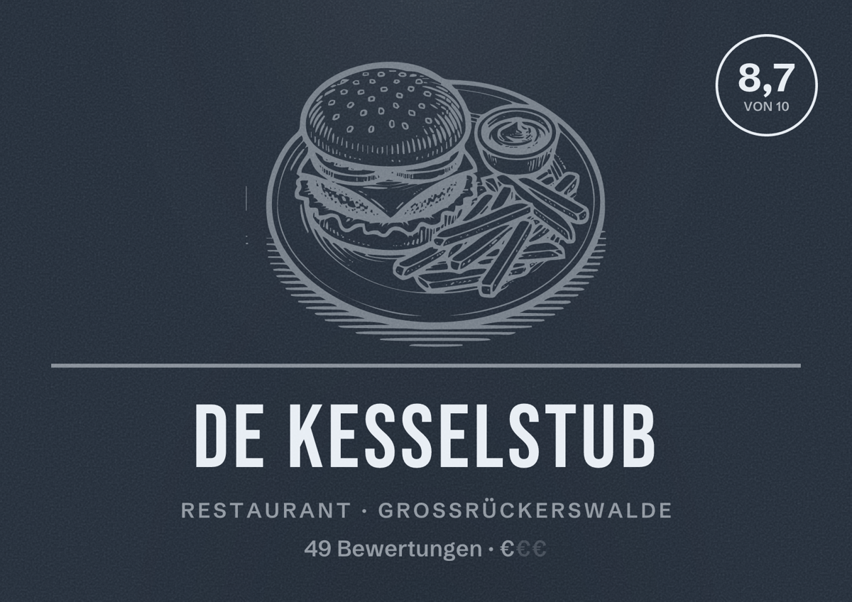 Illustriertes Poster von De Kesselstub, Restaurant in Großrückerswalde: Bewertung 8,7 von 10 aus 49 Bewertungen, Preisniveau €