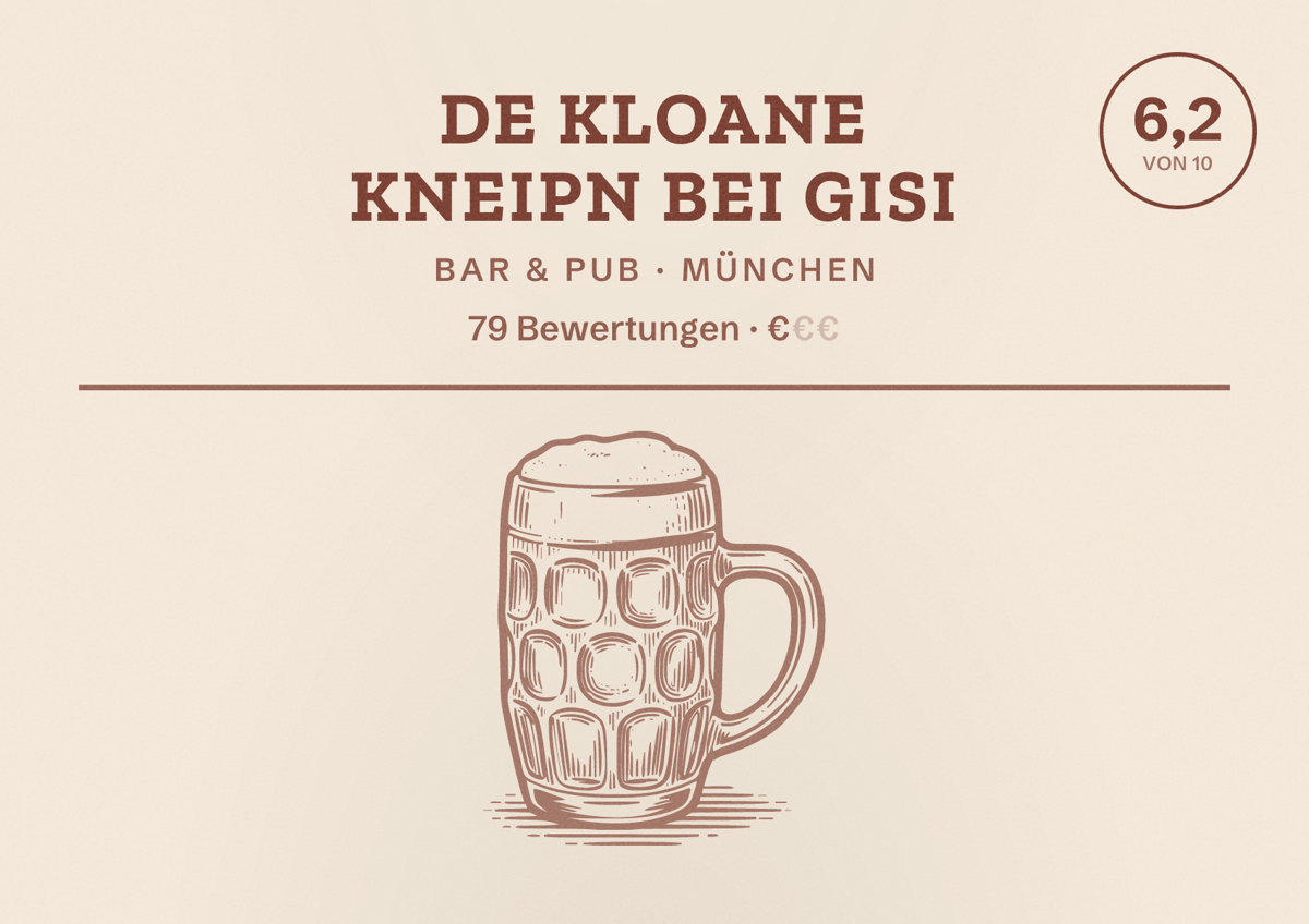 Illustriertes Poster von De kloane Kneipn bei Gisi, Bar & Pub in München: Bewertung 6,2 von 10 aus 79 Bewertungen, Preisniveau €