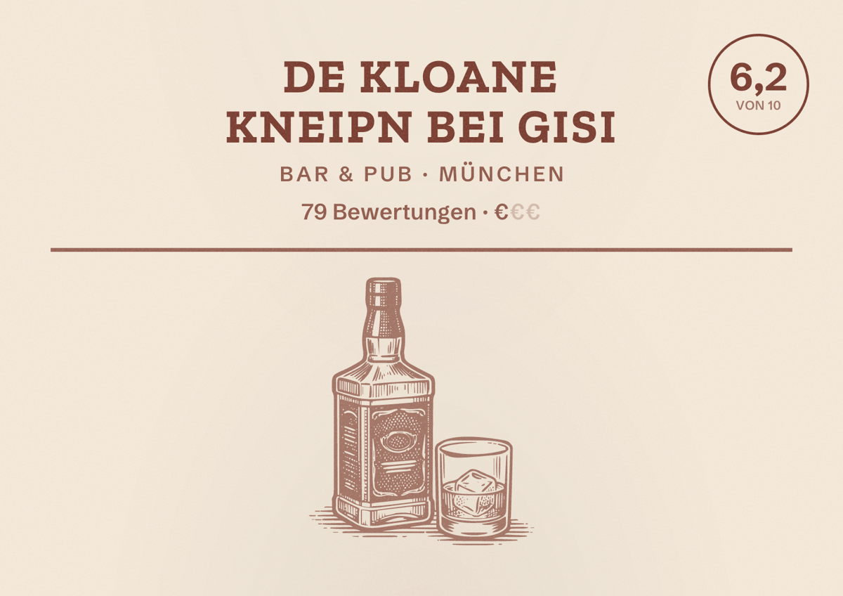 Illustriertes Poster von De kloane Kneipn bei Gisi, Bar & Pub in München: Bewertung 6,2 von 10 aus 79 Bewertungen, Preisniveau €