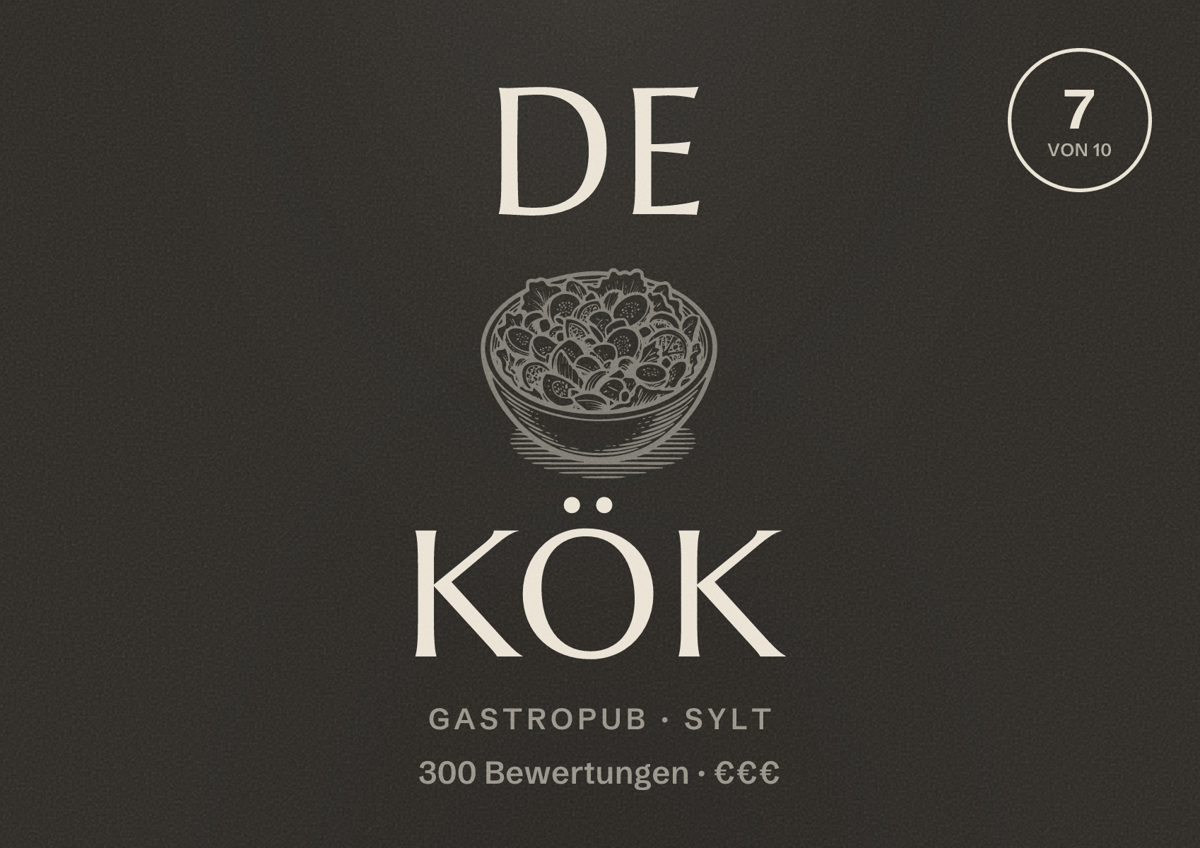 Illustriertes Poster von De Kök, Gastropub in Sylt: Bewertung 7 von 10 aus 300 Bewertungen, Preisniveau €€€