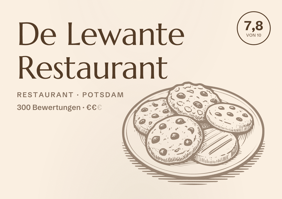 Illustriertes Poster von De Lewante Restaurant, Restaurant in Potsdam: Bewertung 7,8 von 10 aus 300 Bewertungen, Preisniveau €€
