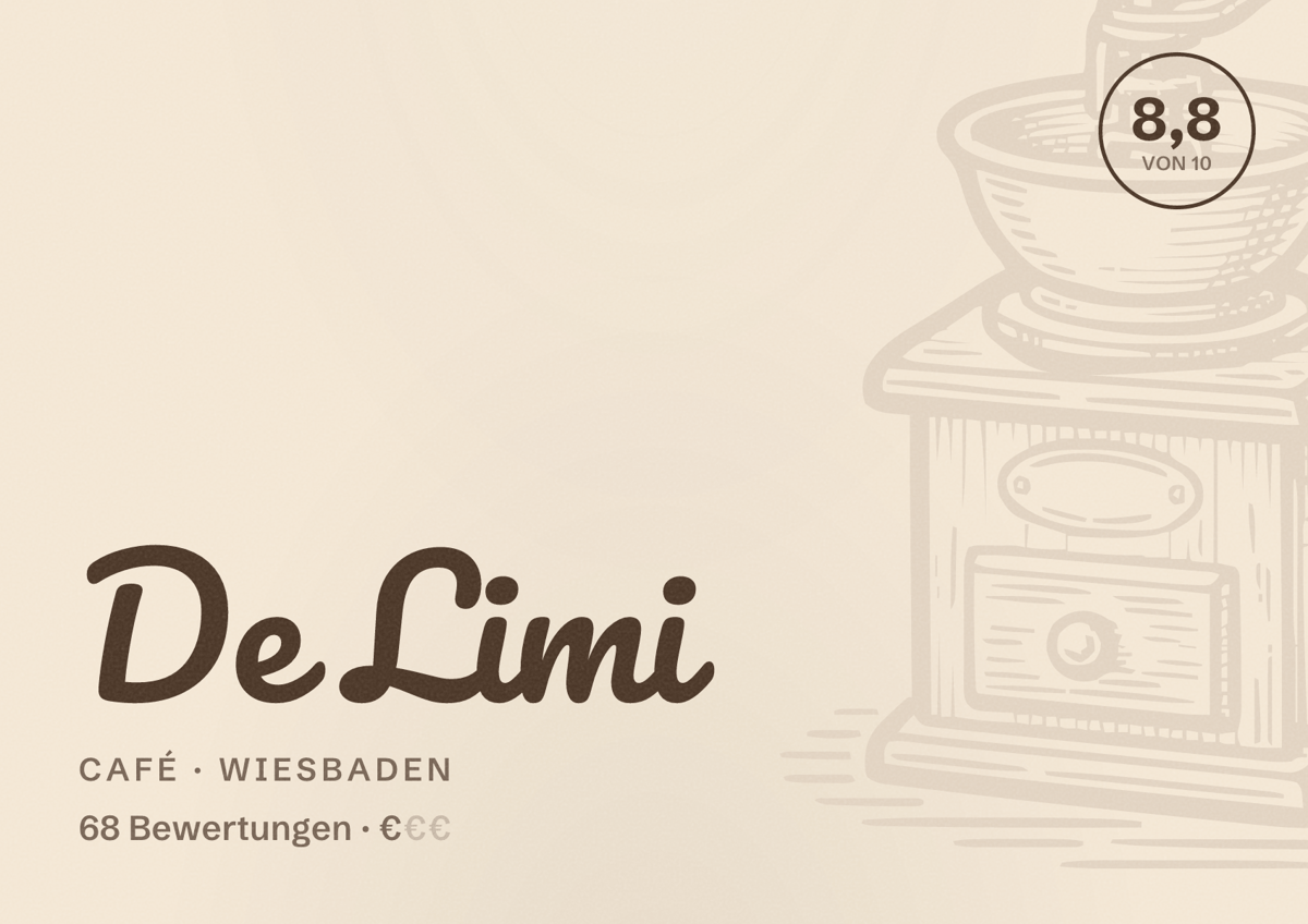 Illustriertes Poster von De Limi, Café in Wiesbaden: Bewertung 8,8 von 10 aus 68 Bewertungen, Preisniveau €