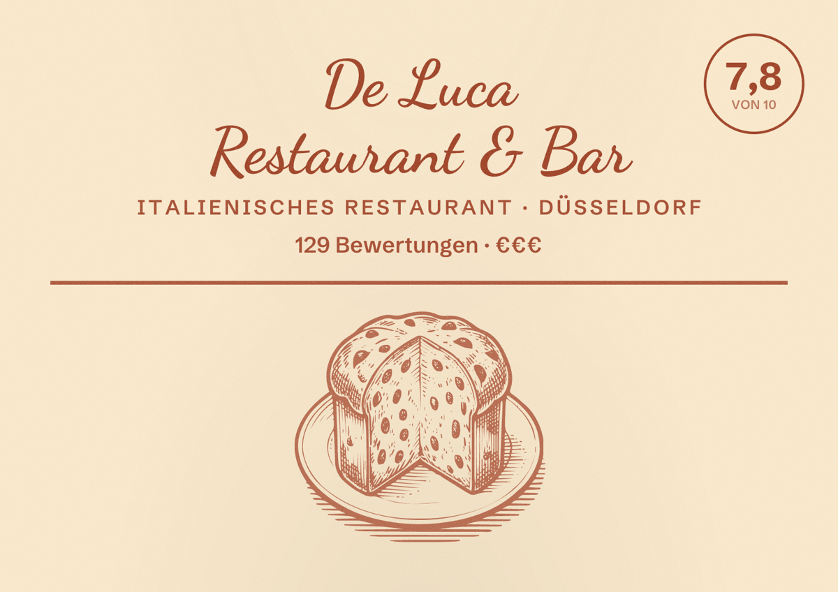 Illustriertes Poster von De Luca Restaurant & Bar, Italienisches Restaurant in Düsseldorf: Bewertung 7,8 von 10 aus 129 Bewertungen, Preisniveau €€€