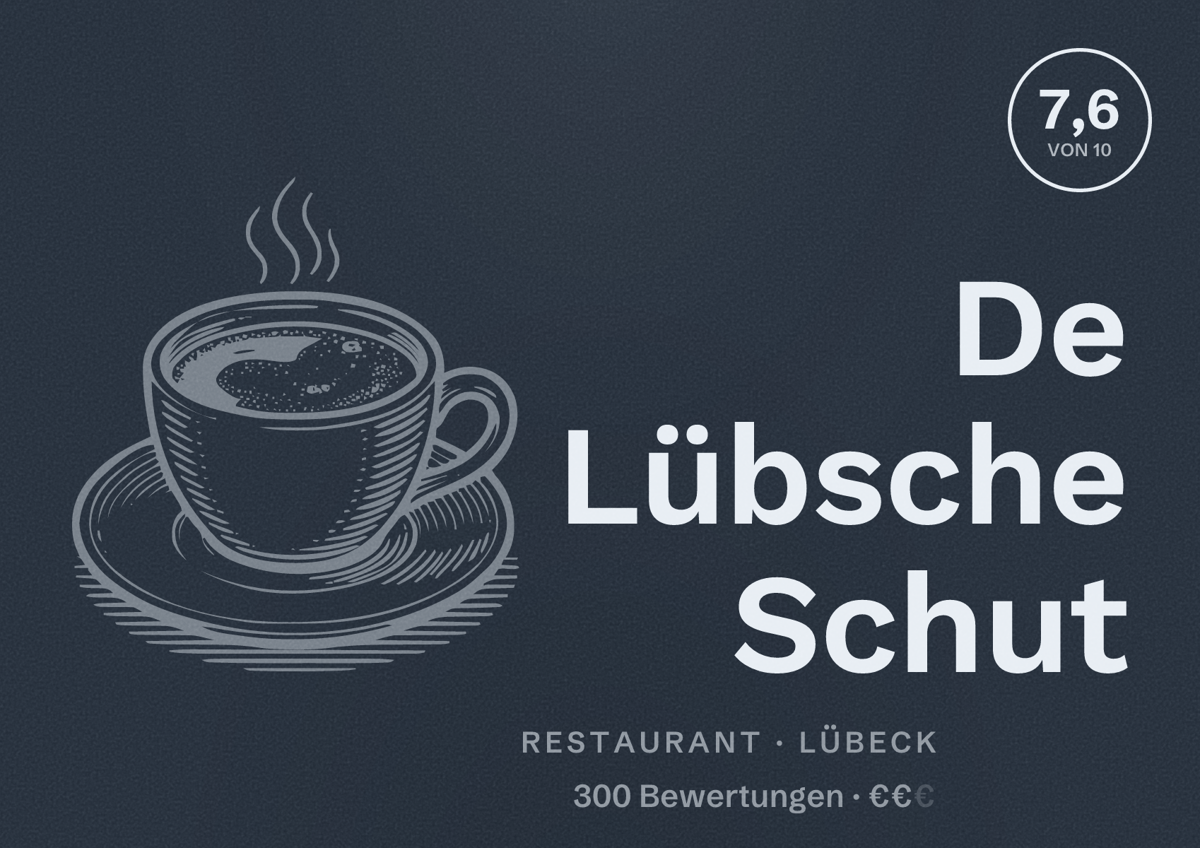 Illustriertes Poster von De Lübsche Schut, Restaurant in Lübeck: Bewertung 7,6 von 10 aus 300 Bewertungen, Preisniveau €€