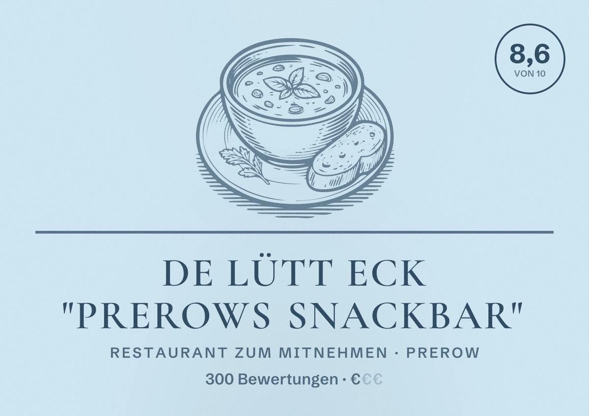 Illustriertes Poster von De lütt Eck "Prerows Snackbar", Restaurant zum Mitnehmen in Prerow: Bewertung 8,6 von 10 aus 300 Bewertungen, Preisniveau €