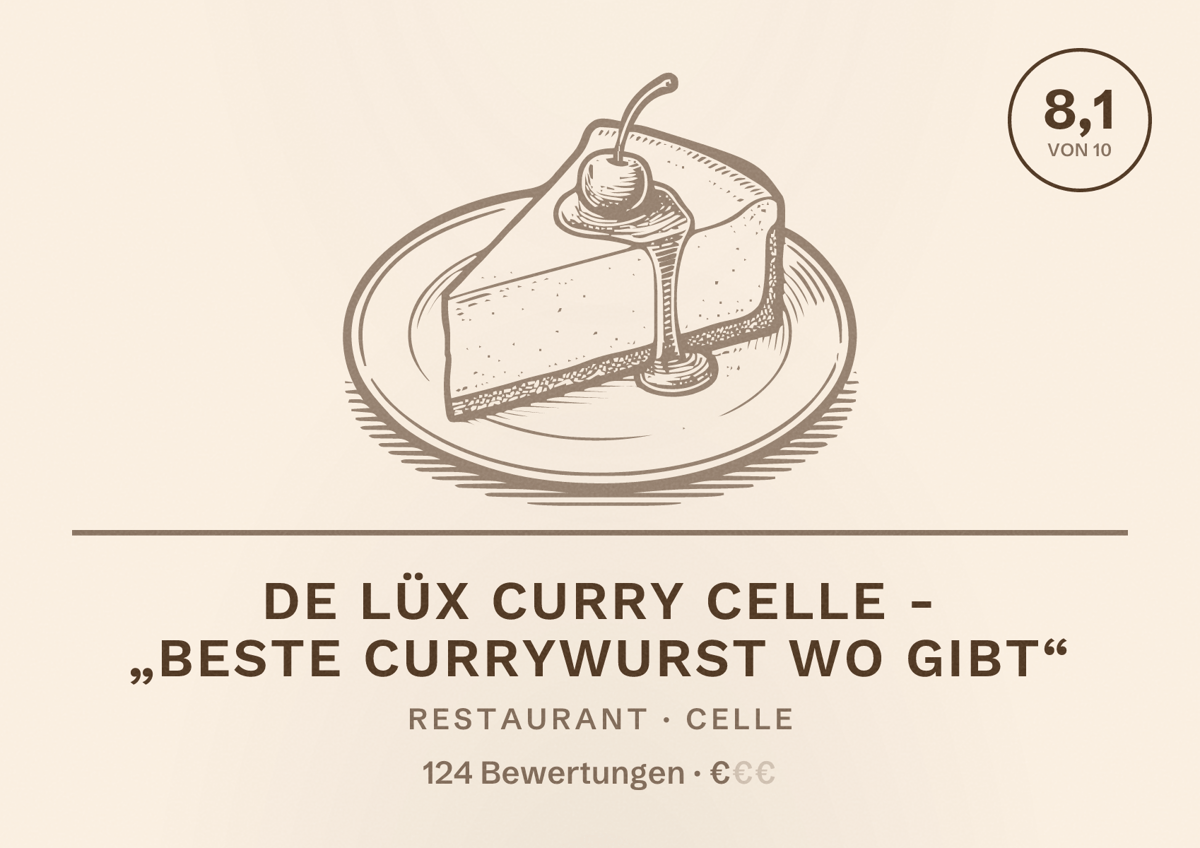 Illustriertes Poster von De Lüx Curry Celle - „Beste Currywurst wo gibt“, Restaurant in Celle: Bewertung 8,1 von 10 aus 124 Bewertungen, Preisniveau €