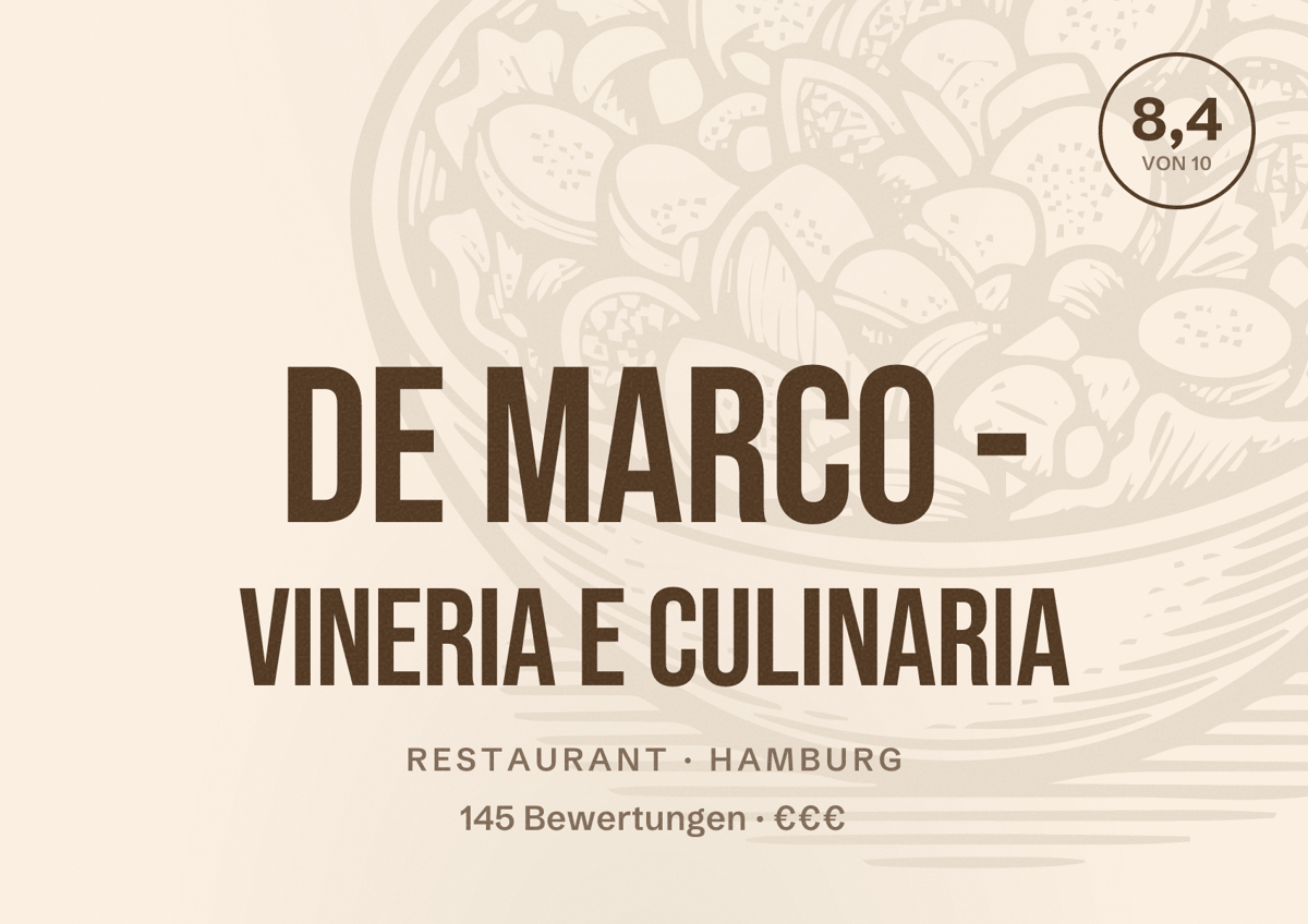 Illustriertes Poster von DE MARCO - VINERIA E CULINARIA, Restaurant in Hamburg: Bewertung 8,4 von 10 aus 145 Bewertungen, Preisniveau €€€