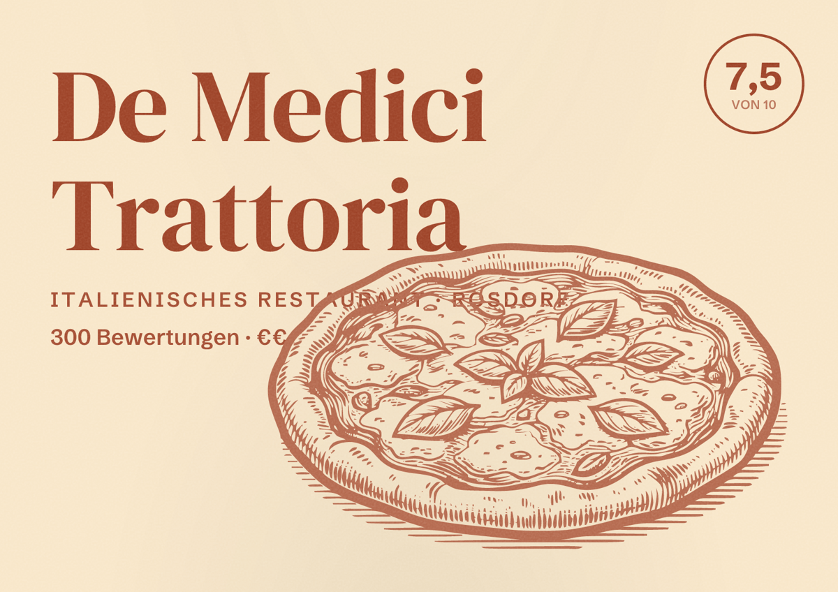 Illustriertes Poster von De Medici Trattoria, Italienisches Restaurant in Rosdorf: Bewertung 7,5 von 10 aus 300 Bewertungen, Preisniveau €€