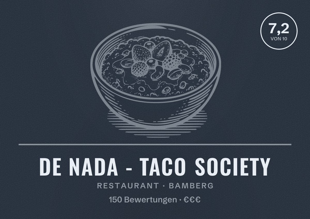 Illustriertes Poster von De Nada - Taco Society, Restaurant in Bamberg: Bewertung 7,2 von 10 aus 150 Bewertungen, Preisniveau €€€
