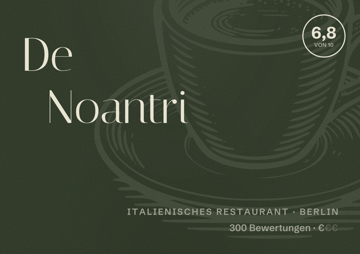Illustriertes Poster von De Noantri, Italienisches Restaurant in Berlin: Bewertung 6,8 von 10 aus 300 Bewertungen, Preisniveau €