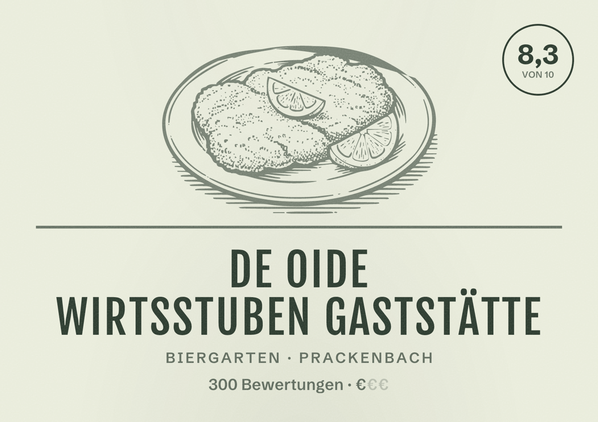 Illustriertes Poster von De Oide Wirtsstuben Gaststätte, Biergarten in Prackenbach: Bewertung 8,3 von 10 aus 300 Bewertungen, Preisniveau €