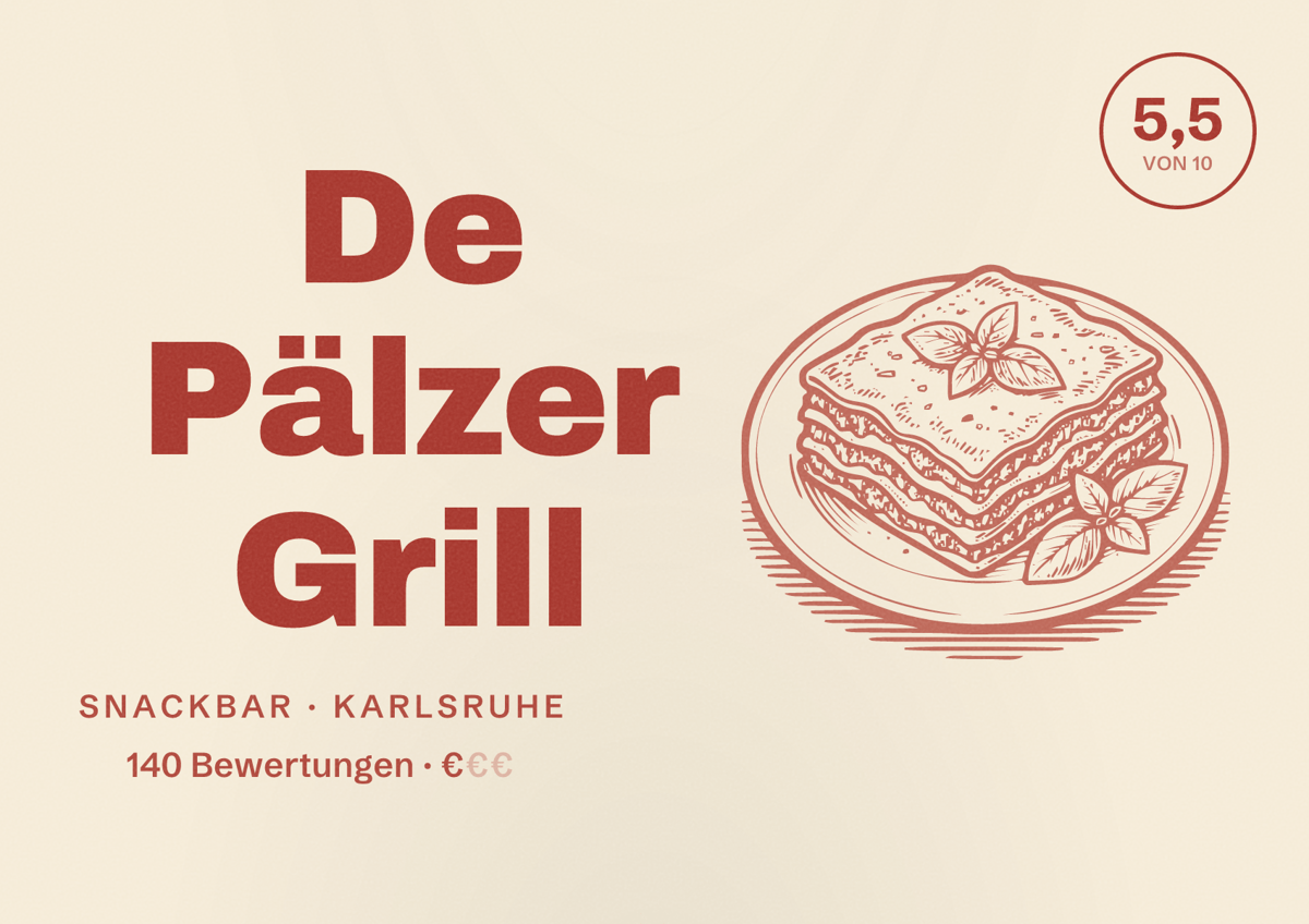 Illustriertes Poster von De Pälzer Grill, Snackbar in Karlsruhe: Bewertung 5,5 von 10 aus 140 Bewertungen, Preisniveau €