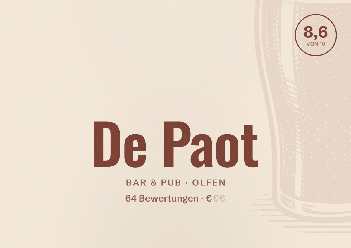 Illustriertes Poster von De Paot, Bar & Pub in Olfen: Bewertung 8,6 von 10 aus 64 Bewertungen, Preisniveau €
