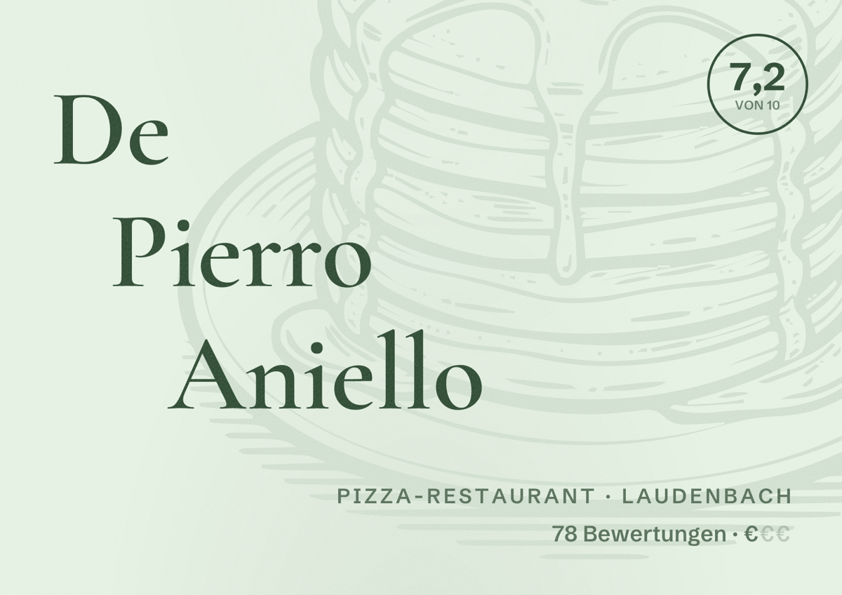 Illustriertes Poster von De Pierro Aniello, Pizza-Restaurant in Laudenbach: Bewertung 7,2 von 10 aus 78 Bewertungen, Preisniveau €