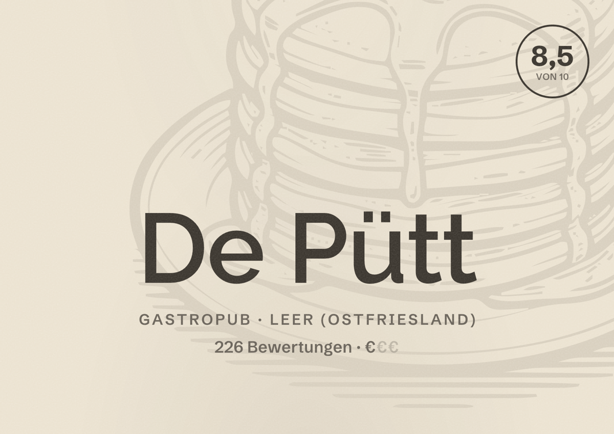 Illustriertes Poster von De Pütt, Gastropub in Leer (Ostfriesland): Bewertung 8,5 von 10 aus 226 Bewertungen, Preisniveau €