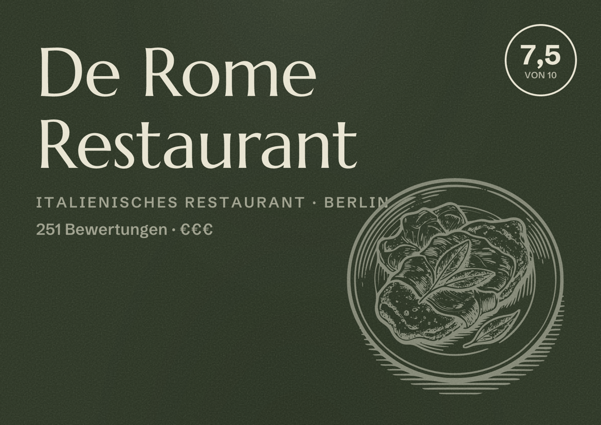 Illustriertes Poster von De Rome Restaurant, Italienisches Restaurant in Berlin: Bewertung 7,5 von 10 aus 251 Bewertungen, Preisniveau €€€