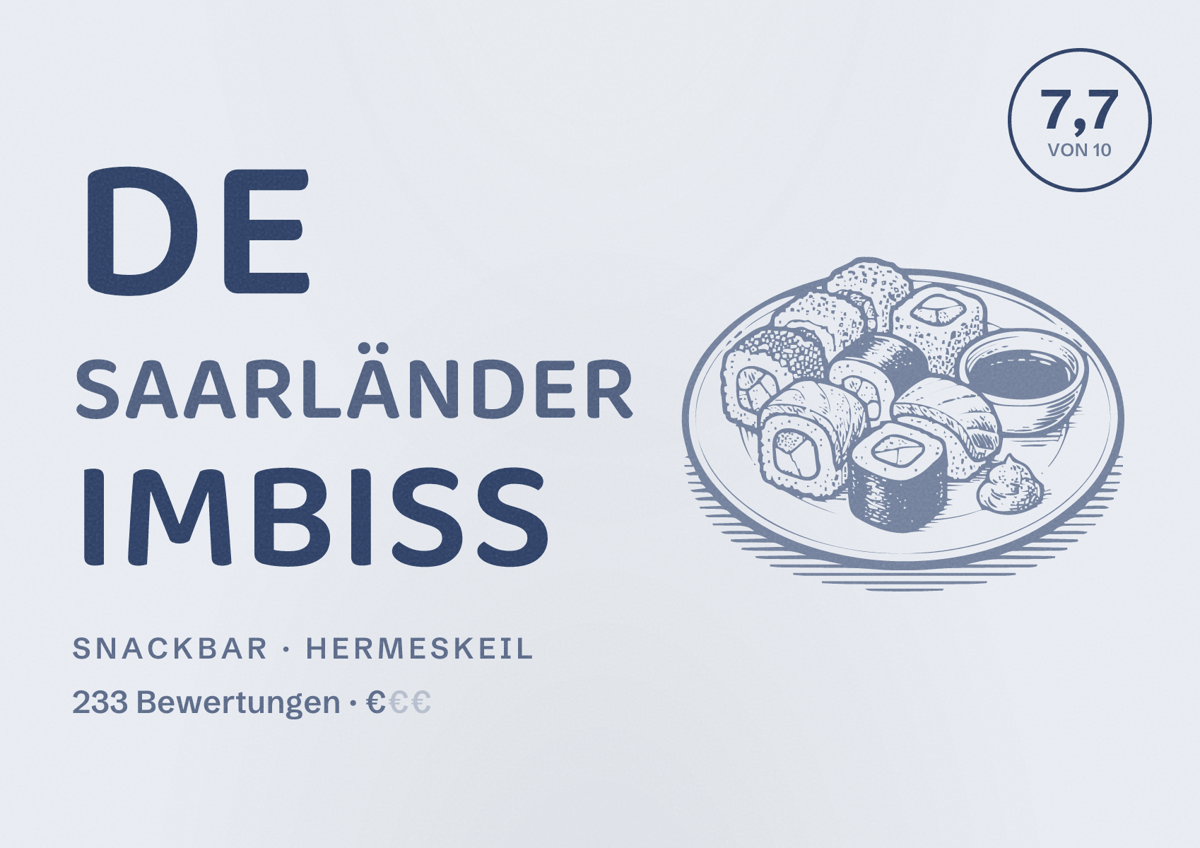 Illustriertes Poster von De Saarländer Imbiss, Snackbar in Hermeskeil: Bewertung 7,7 von 10 aus 233 Bewertungen, Preisniveau €