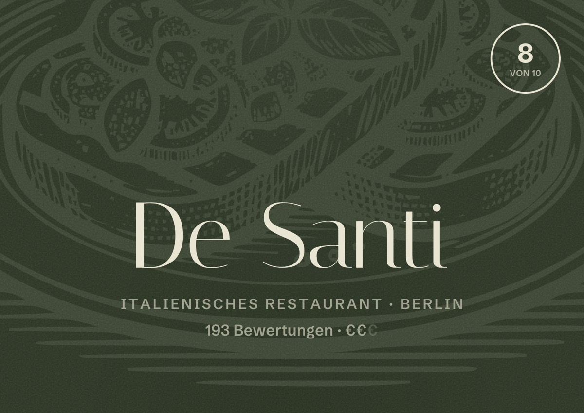 Illustriertes Poster von De Santi, Italienisches Restaurant in Berlin: Bewertung 8,0 von 10 aus 193 Bewertungen, Preisniveau €€
