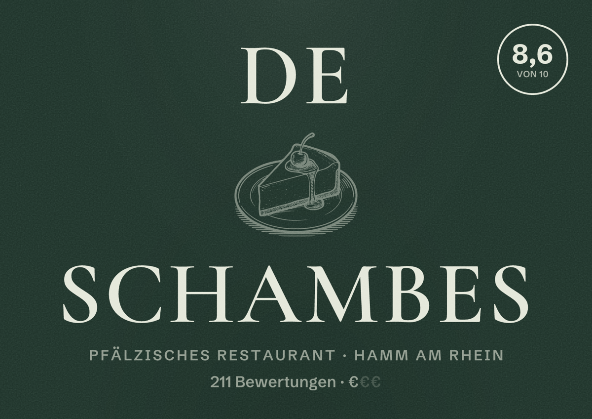 Illustriertes Poster von De Schambes, Pfälzisches Restaurant in Hamm am Rhein: Bewertung 8,6 von 10 aus 211 Bewertungen, Preisniveau €