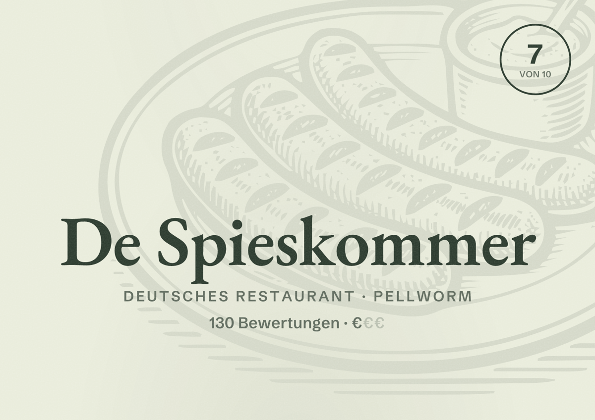 Illustriertes Poster von De Spieskommer, Deutsches Restaurant in Pellworm: Bewertung 7 von 10 aus 130 Bewertungen, Preisniveau €