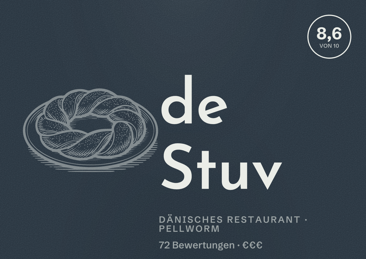 Illustriertes Poster von de Stuv, Dänisches Restaurant in Pellworm: Bewertung 8,6 von 10 aus 72 Bewertungen, Preisniveau €€€