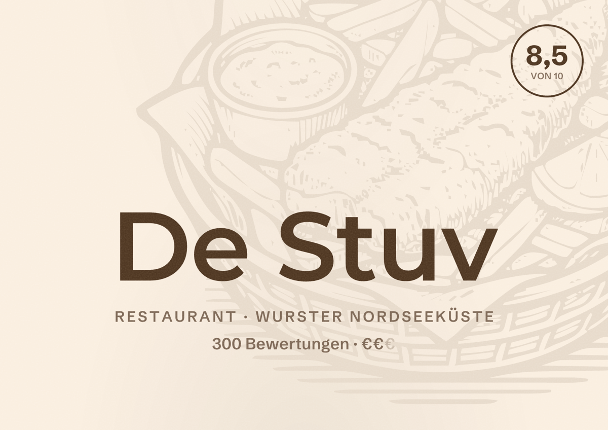 Illustriertes Poster von De Stuv, Restaurant in Wurster Nordseeküste: Bewertung 8,5 von 10 aus 300 Bewertungen, Preisniveau €€