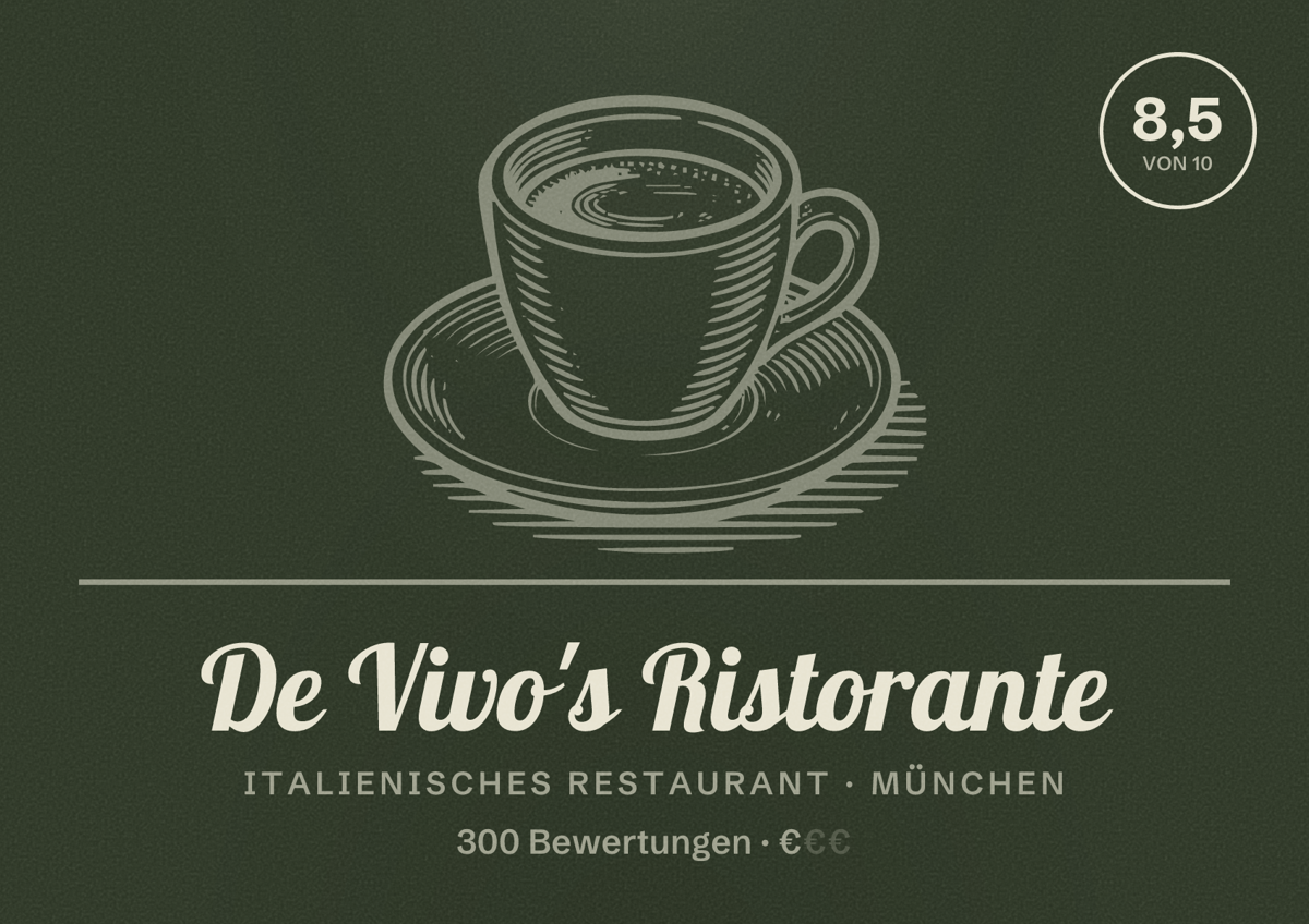 Illustriertes Poster von De Vivo's Ristorante, Italienisches Restaurant in München: Bewertung 8,5 von 10 aus 300 Bewertungen, Preisniveau €