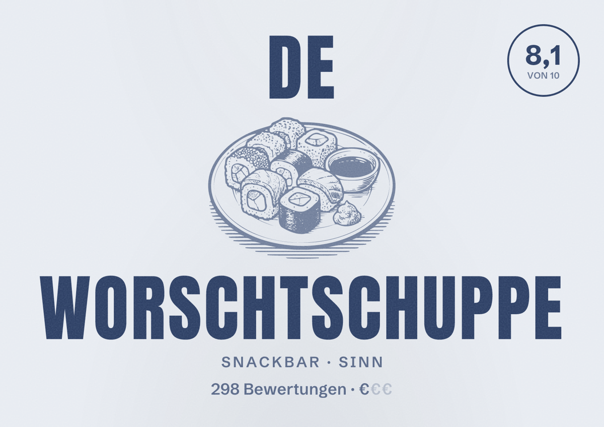 Illustriertes Poster von De Worschtschuppe, Snackbar in Sinn: Bewertung 8,1 von 10 aus 298 Bewertungen, Preisniveau €