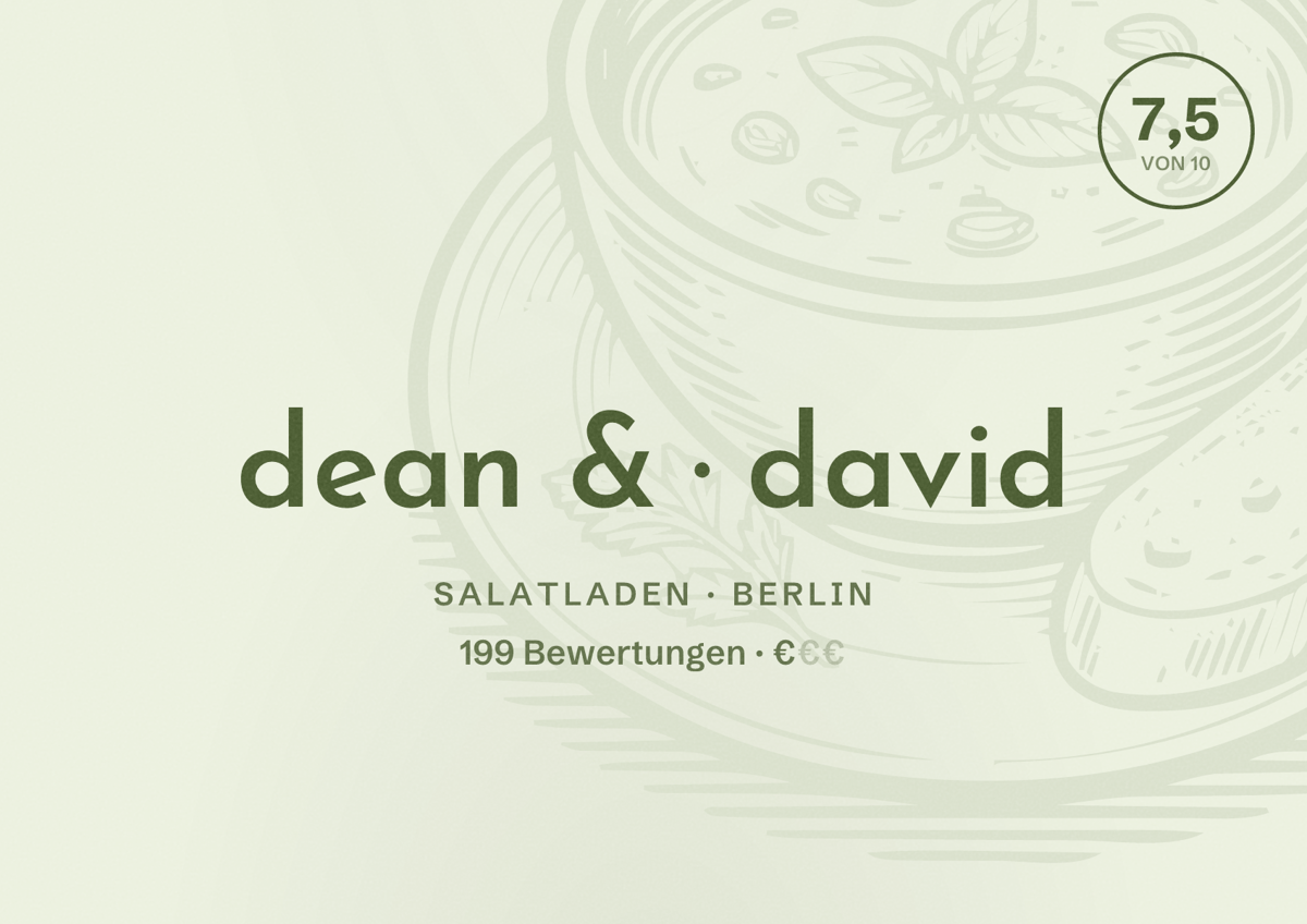 Illustriertes Poster von dean & david, Salatladen in Berlin: Bewertung 7,5 von 10 aus 199 Bewertungen, Preisniveau €