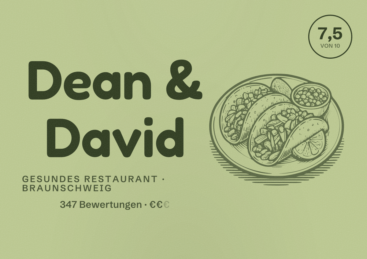 Illustriertes Poster von Dean & David, Gesundes Restaurant in Braunschweig: Bewertung 7,5 von 10 aus 347 Bewertungen, Preisniveau €€