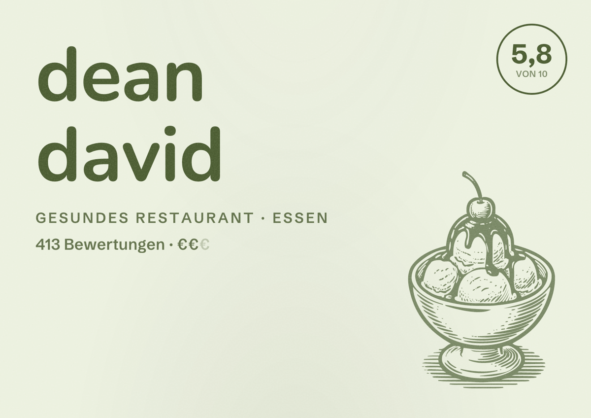 Illustriertes Poster von dean david, Gesundes Restaurant in Essen: Bewertung 5,8 von 10 aus 413 Bewertungen, Preisniveau €€