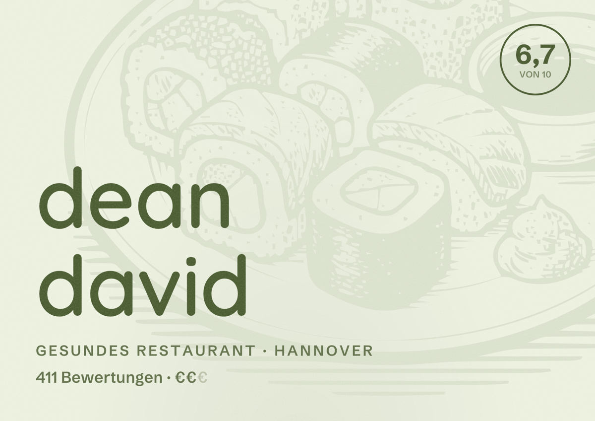 Illustriertes Poster von dean david, Gesundes Restaurant in Hannover: Bewertung 6,7 von 10 aus 411 Bewertungen, Preisniveau €€