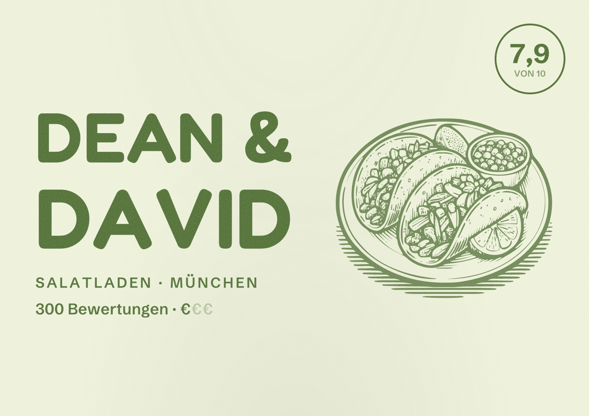 Illustriertes Poster von dean & david, Salatladen in München: Bewertung 7,9 von 10 aus 300 Bewertungen, Preisniveau €