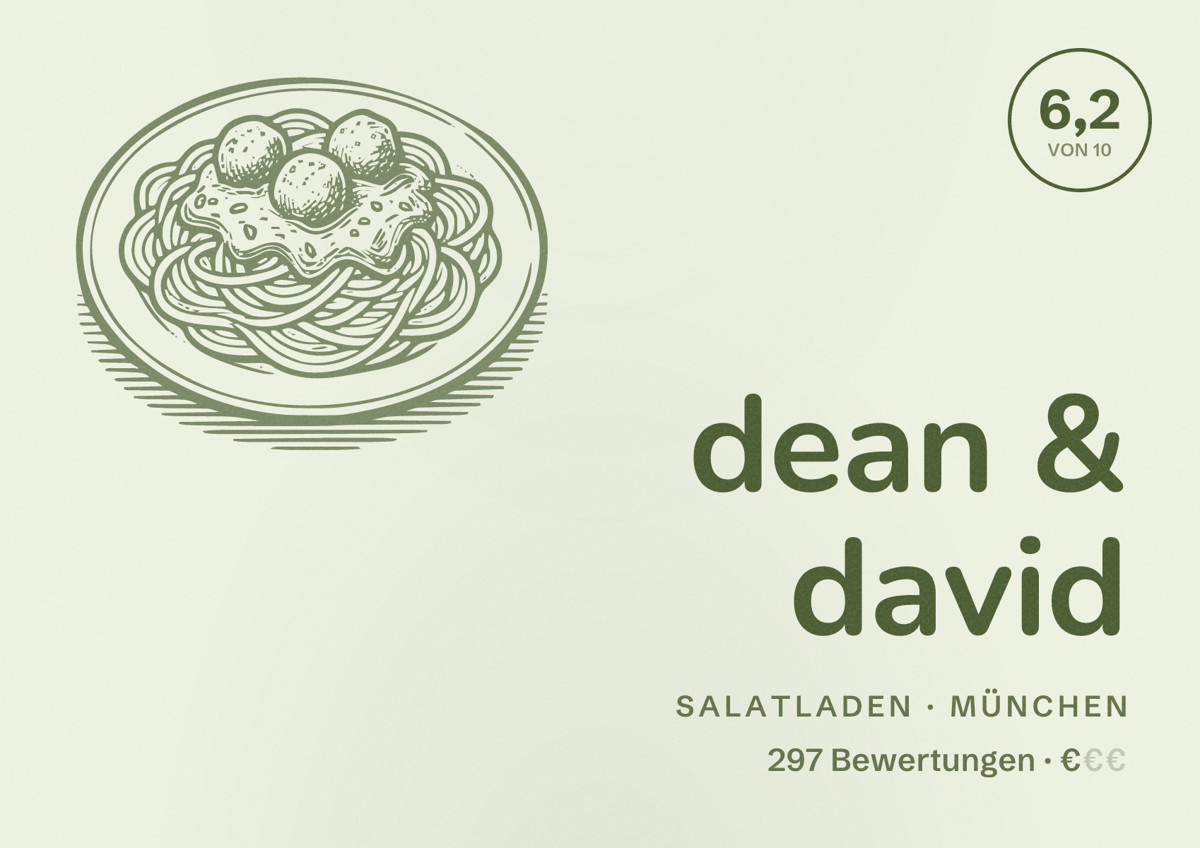 Illustriertes Poster von dean & david, Salatladen in München: Bewertung 6,2 von 10 aus 297 Bewertungen, Preisniveau €