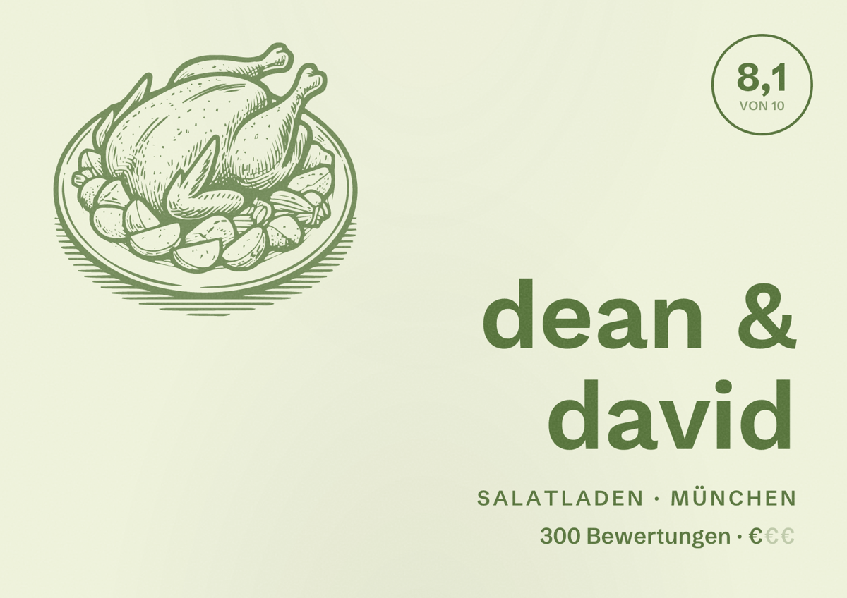 Illustriertes Poster von dean & david, Salatladen in München: Bewertung 8,1 von 10 aus 300 Bewertungen, Preisniveau €