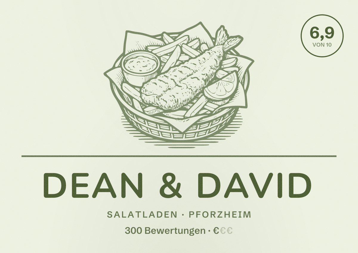 Illustriertes Poster von Dean & David, Salatladen in Pforzheim: Bewertung 6,9 von 10 aus 300 Bewertungen, Preisniveau €