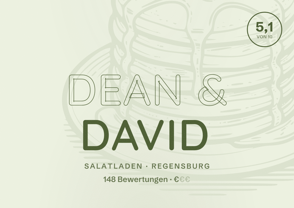 Illustriertes Poster von Dean & David, Salatladen in Regensburg: Bewertung 5,1 von 10 aus 148 Bewertungen, Preisniveau €
