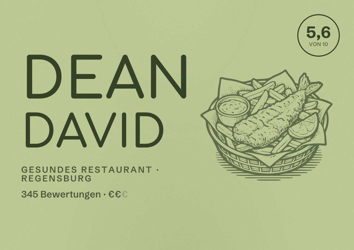 Illustriertes Poster von dean david, Gesundes Restaurant in Regensburg: Bewertung 5,6 von 10 aus 345 Bewertungen, Preisniveau €€