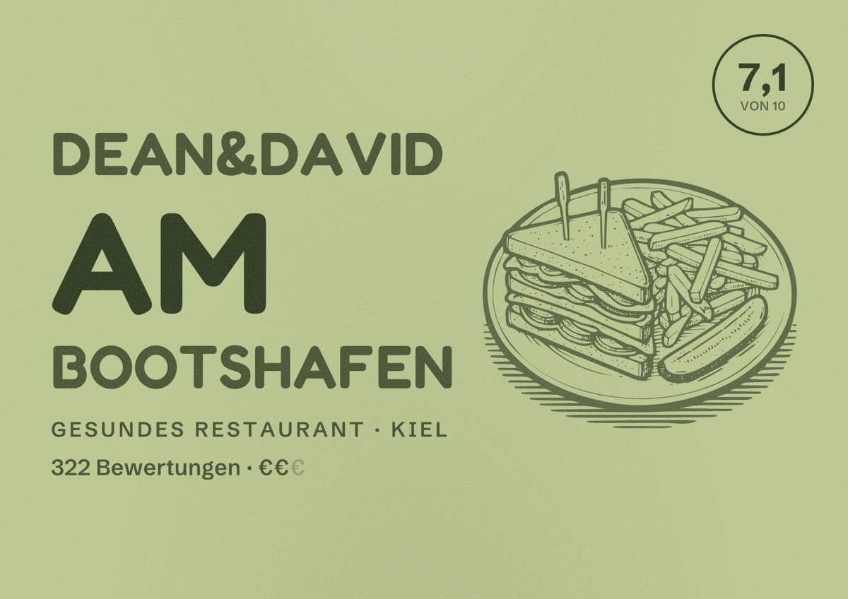 Illustriertes Poster von dean&david am Bootshafen, Gesundes Restaurant in Kiel: Bewertung 7,1 von 10 aus 322 Bewertungen, Preisniveau €€