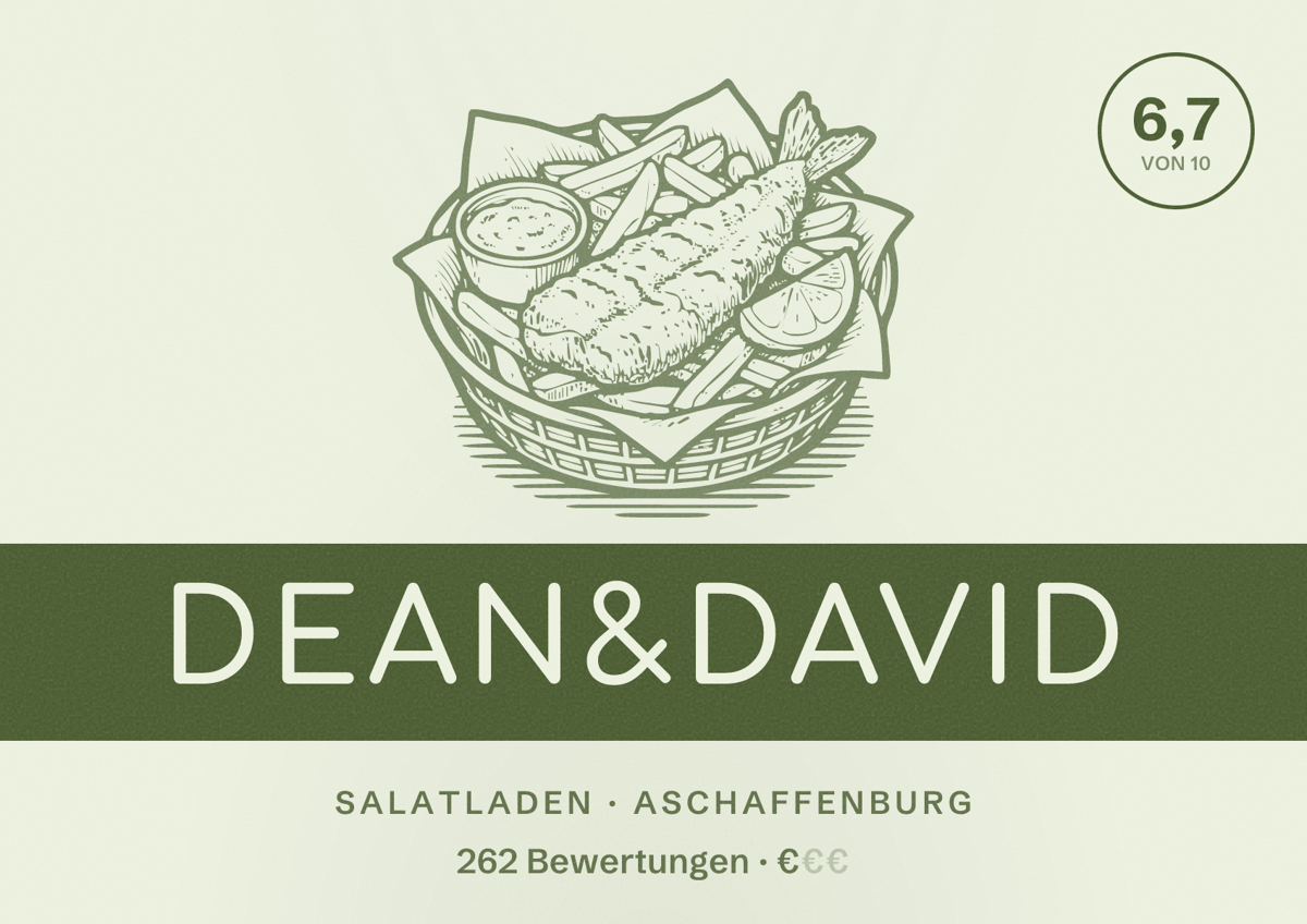 Illustriertes Poster von dean&david, Salatladen in Aschaffenburg: Bewertung 6,7 von 10 aus 262 Bewertungen, Preisniveau €
